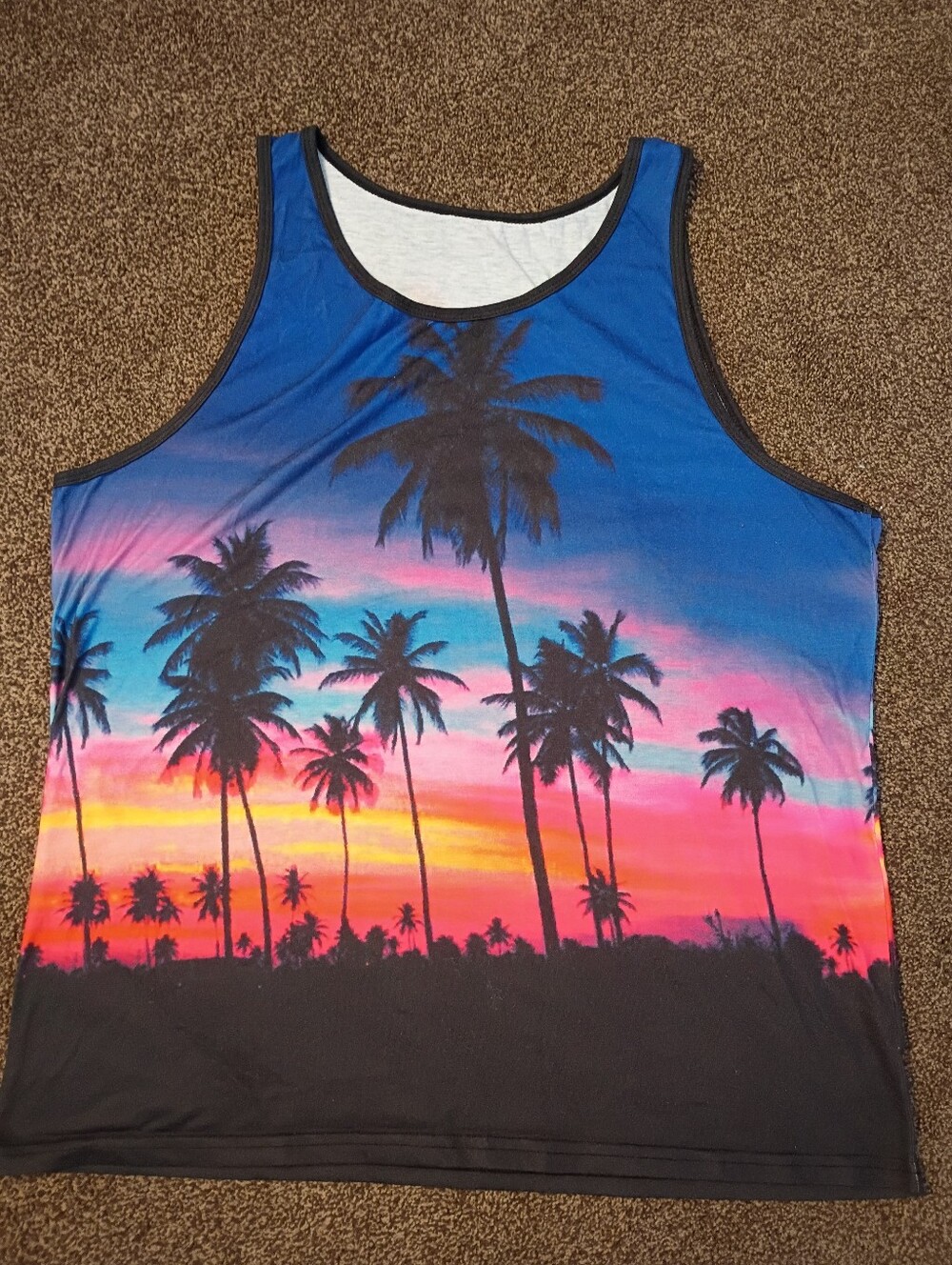 Shein Mens Size L Tank Top w/Sunset & Palm Trees Vibrant Colors w/Black Trim
